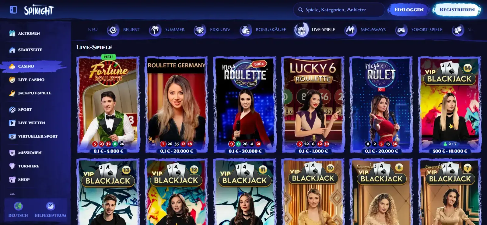 Screenshot der aktuellen Spinight Live-Casino-Lobby mit sichtbarer Live-Navigation