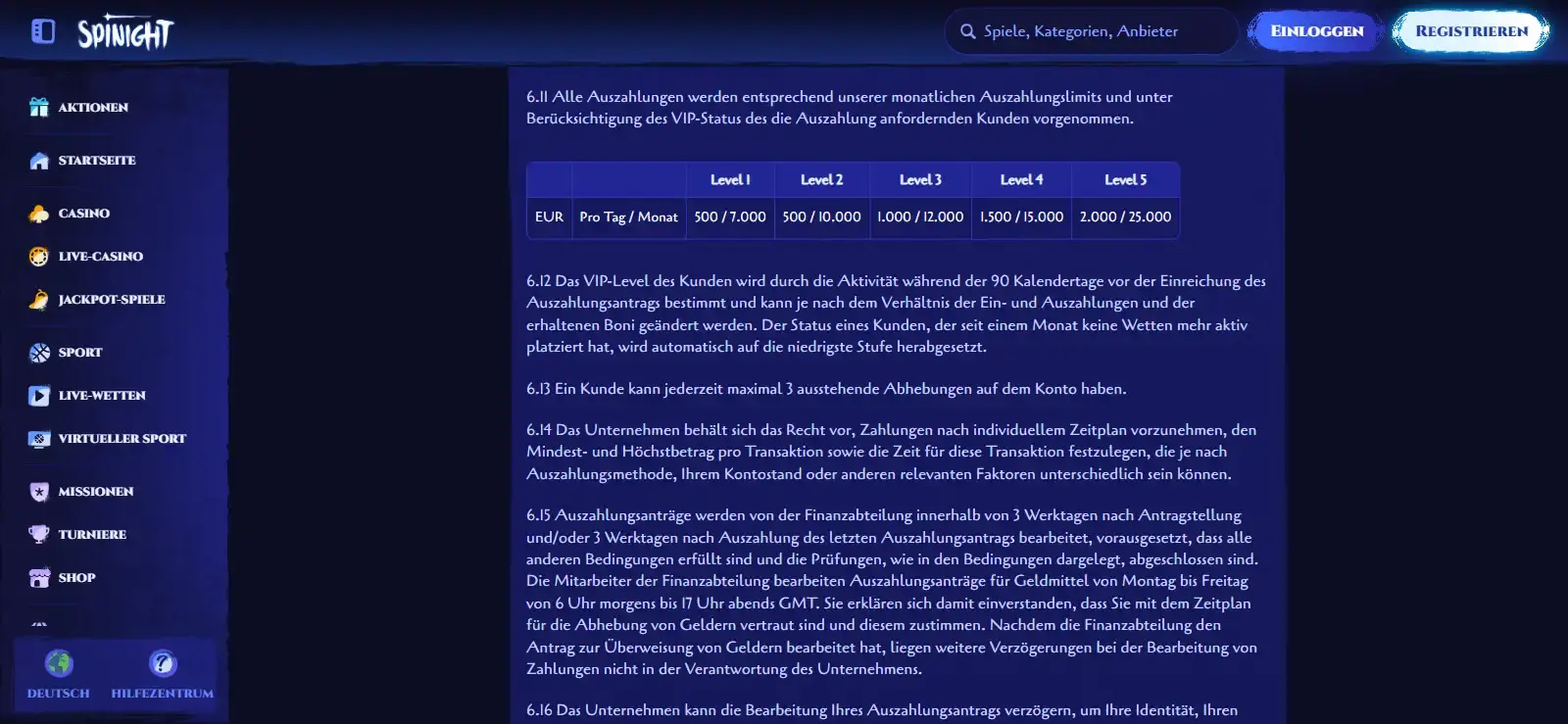 Screenshot der aktuellen Spinight AGB mit Auszahlungsregeln