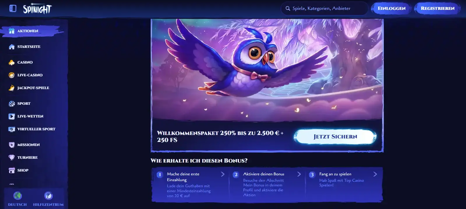 Screenshot der aktuellen Spinight Casino-Aktionsseite mit dem Willkommenspaket