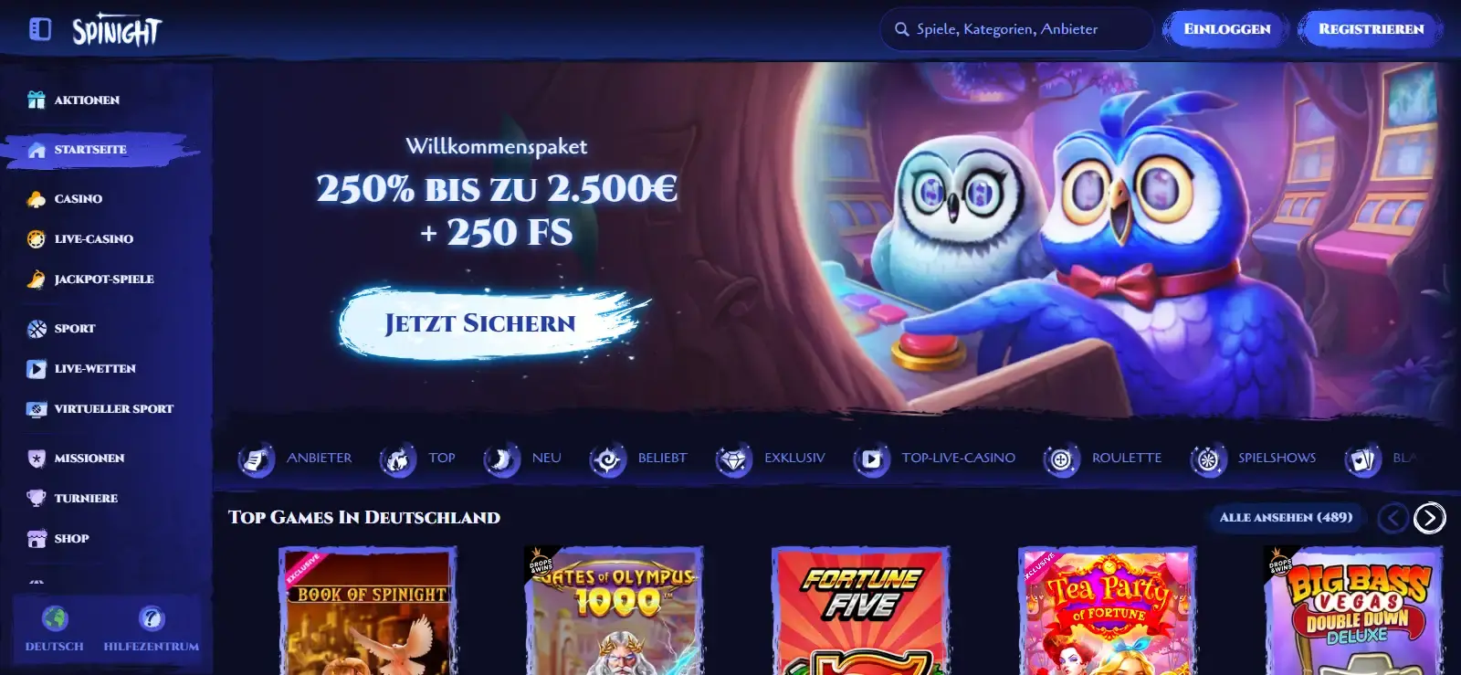 Screenshot der deutschsprachigen Spinight-Startseite