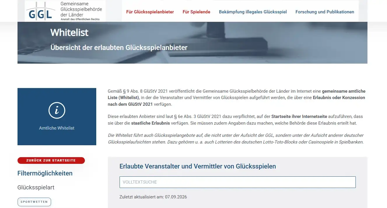 Screenshot der offiziellen GGL-Whitelist als regulatorischer Kontext