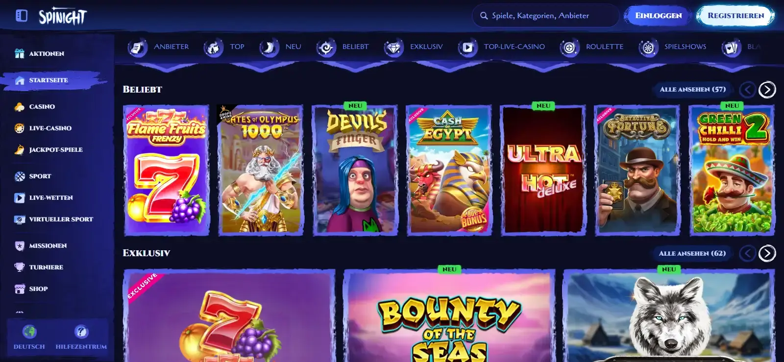 Screenshot der Spinight Spielelobby mit sichtbaren Casino-Kategorien