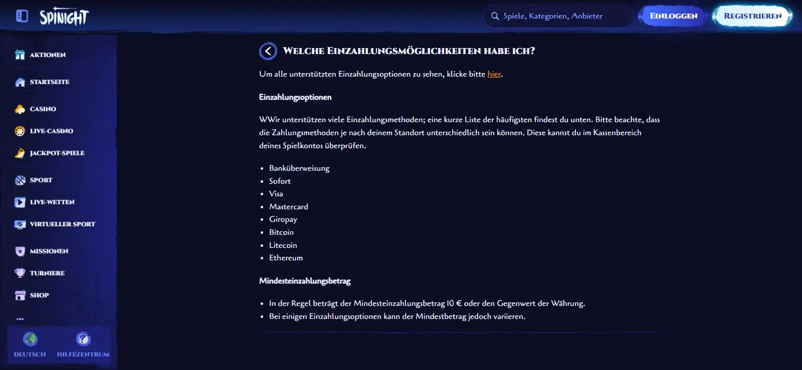 Screenshot des aktuellen Spinight Zahlungs- oder Kassenbereichs mit sichtbaren Zahlungsmethoden
